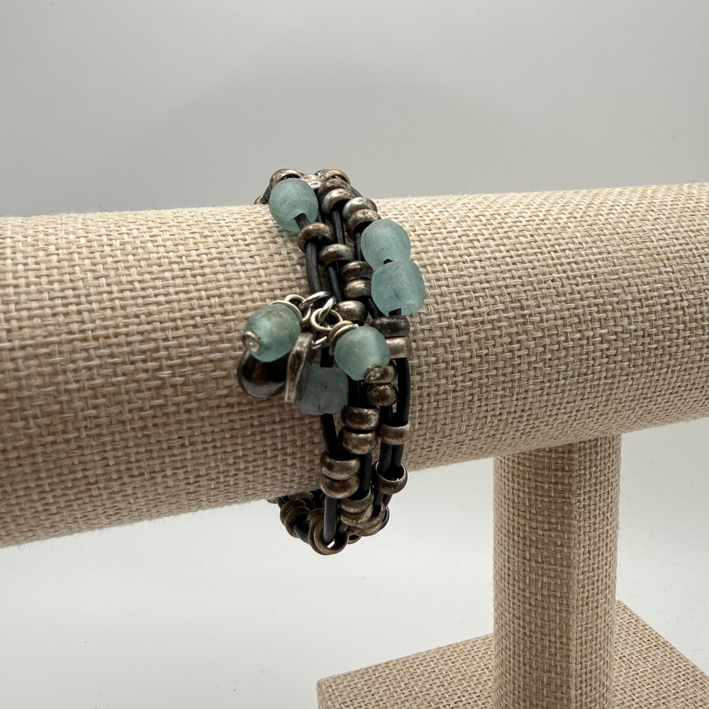 Silpada Leather Boho Beachy Relaxed Shabby Slouchy Multi-Strand Bracelet OS Blue